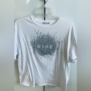 Zara White holographic Graphic white T-Shirt M glitter